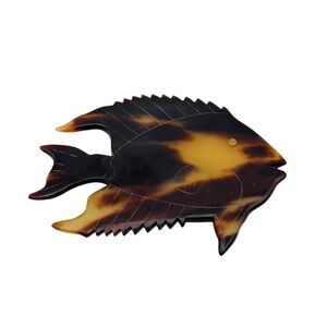 Vintage Brooch Pin Fish Brown Celluloid Plastic Carved Faux Turtle Shell Etched